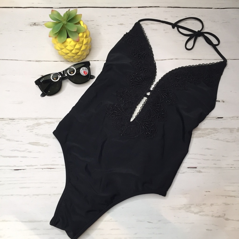 Hollister Black Lace Plunge Halter Swimsuit